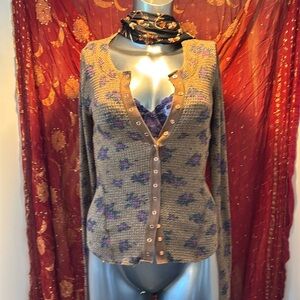 Free People Going Places Purple and Tan Floral Cardigan